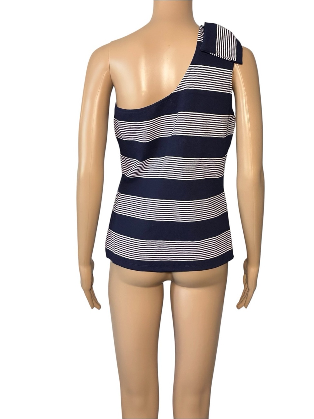 Bishop + Young Women's Blouse Size M Blue White One Shoulder Striped Rayon Blend - Picture 2 of 5